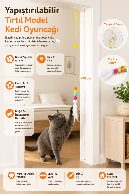 Elastik kendinden yapışkanlı kedi oyun oltası, renkli tırtıl model, tüylü uçlu, yaklaşık 90 cm uzunlukta, zıplama ve takip oyunlarını destekleyen interaktif kedi oyuncağı