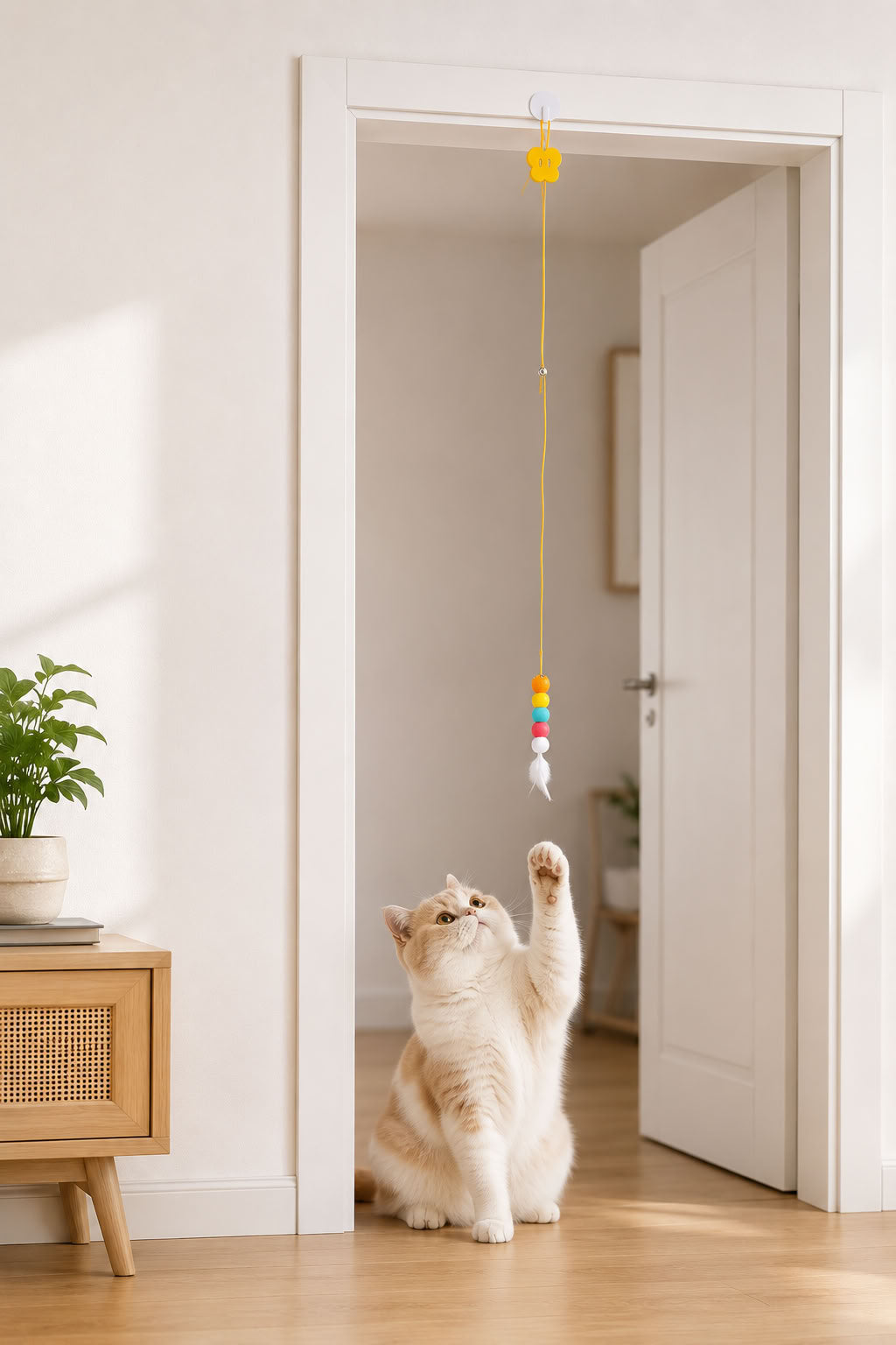 Elastik kendinden yapışkanlı kedi oyun oltası, renkli tırtıl model, tüylü uçlu, yaklaşık 90 cm uzunlukta, zıplama ve takip oyunlarını destekleyen interaktif kedi oyuncağı