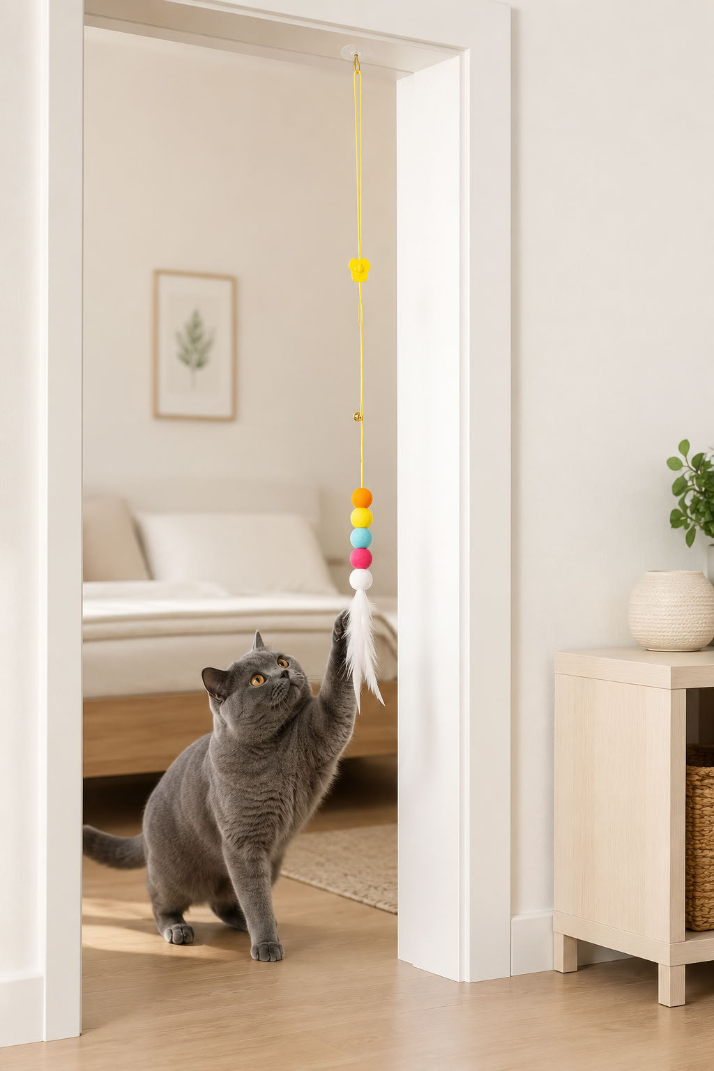 Elastik kendinden yapışkanlı kedi oyun oltası, renkli tırtıl model, tüylü uçlu, yaklaşık 90 cm uzunlukta, zıplama ve takip oyunlarını destekleyen interaktif kedi oyuncağı
