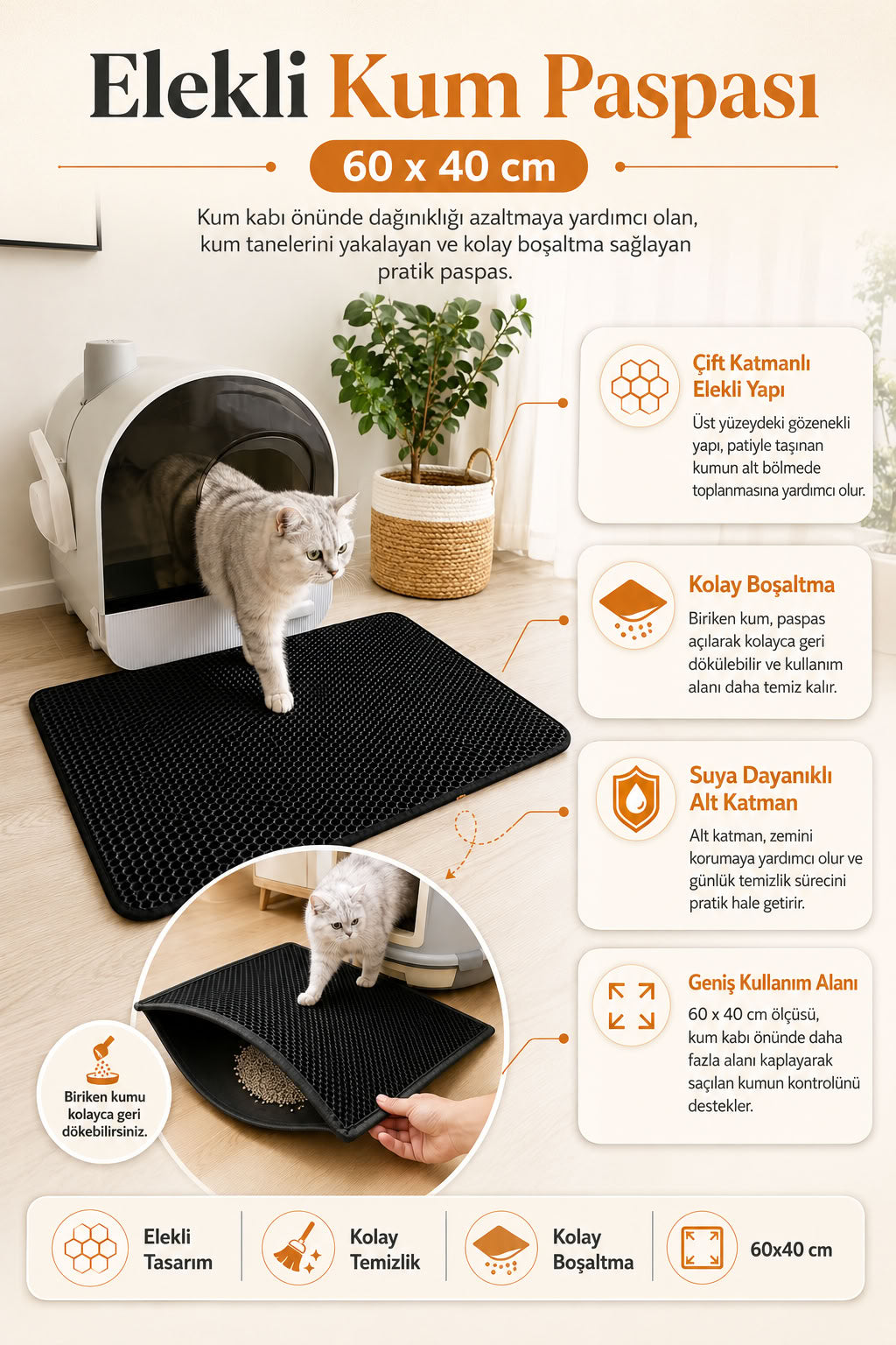 Elekli Kedi Kumu Paspası 60x40 cm Çift Katmanlı Kedi Tuvaleti Önü Paspası