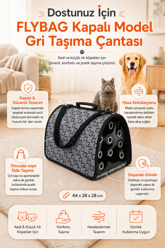 FLYBAG kapalı model gri kedi ve küçük ırk köpek taşıma çantası 44x28x28 cm, havalandırmalı, ayarlanabilir askılı, güvenli evcil hayvan taşıma çantası