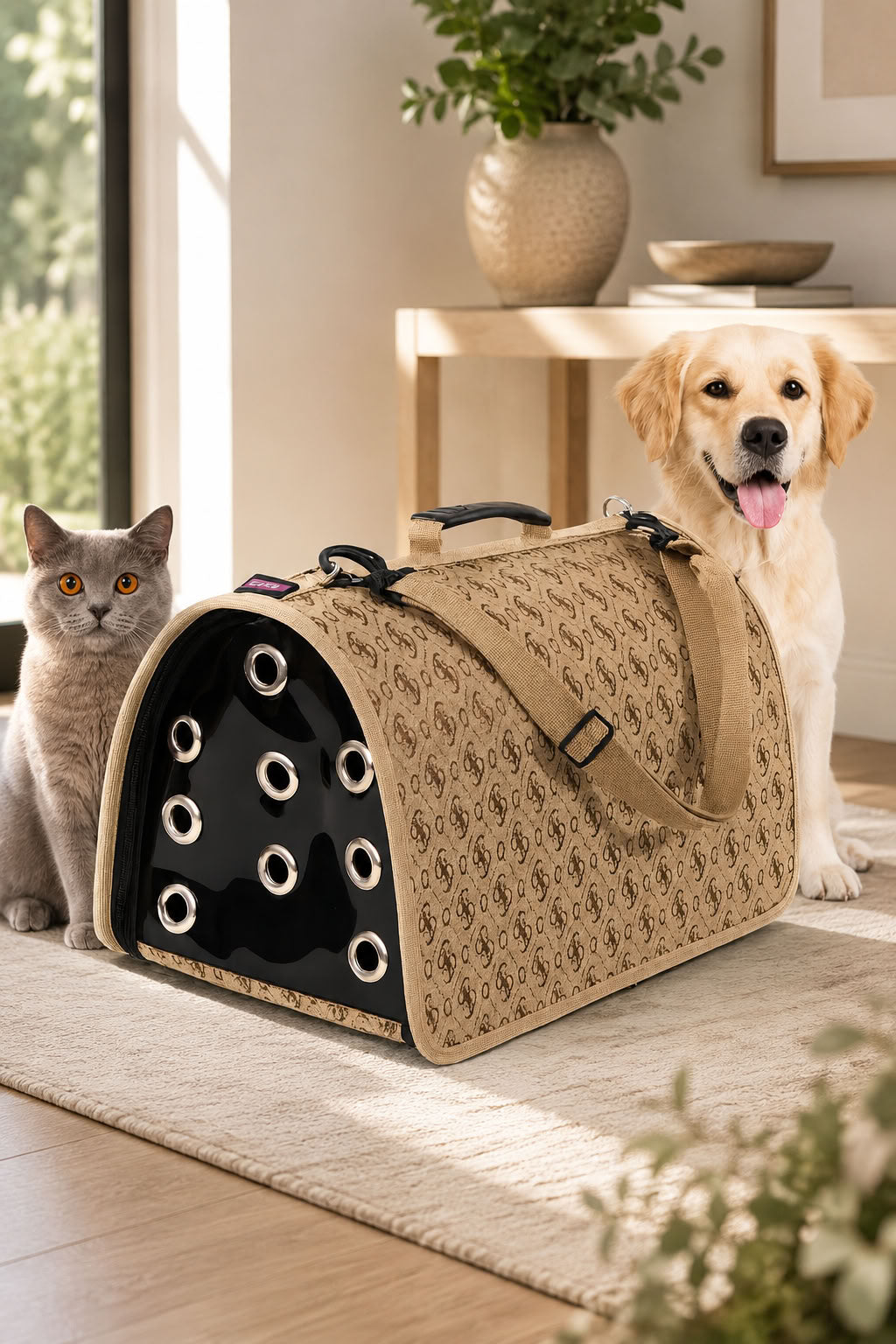 FLYBAG kapalı model kahverengi kedi ve küçük ırk köpek taşıma çantası 44x28x28 cm, şeffaf ön panelli, havalandırma delikli, elde ve omuzda taşınabilir evcil hayvan taşıma çantası