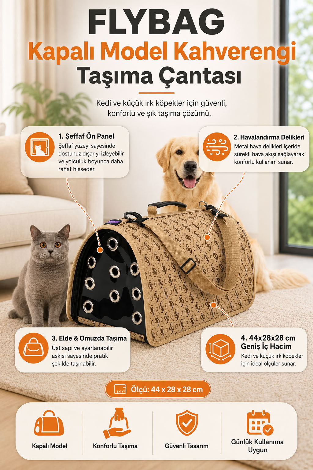 FLYBAG kapalı model kahverengi kedi ve küçük ırk köpek taşıma çantası 44x28x28 cm, şeffaf ön panelli, havalandırma delikli, elde ve omuzda taşınabilir evcil hayvan taşıma çantası