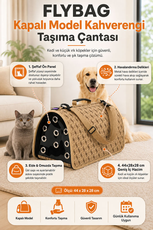 FLYBAG kapalı model kahverengi kedi ve küçük ırk köpek taşıma çantası 44x28x28 cm, şeffaf ön panelli, havalandırma delikli, elde ve omuzda taşınabilir evcil hayvan taşıma çantası