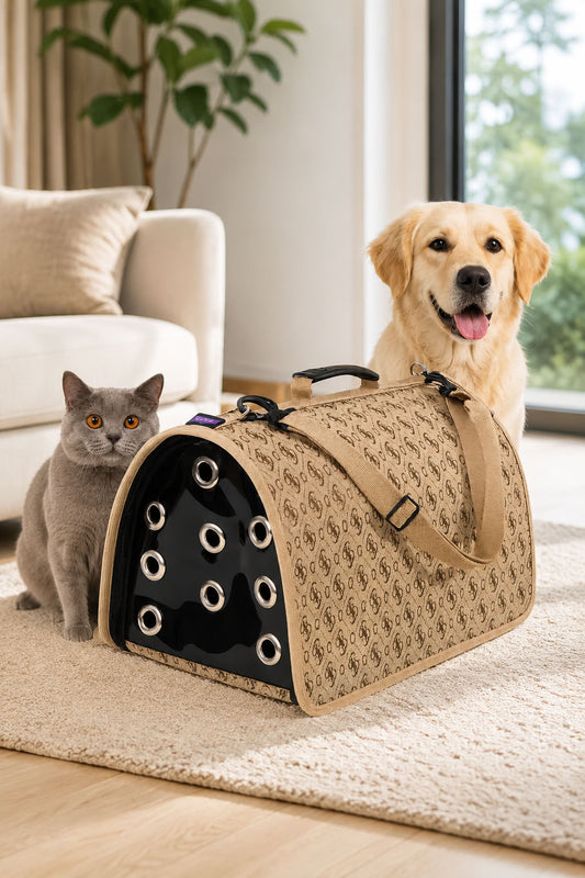 FLYBAG kapalı model kahverengi kedi ve küçük ırk köpek taşıma çantası 44x28x28 cm, şeffaf ön panelli, havalandırma delikli, elde ve omuzda taşınabilir evcil hayvan taşıma çantası