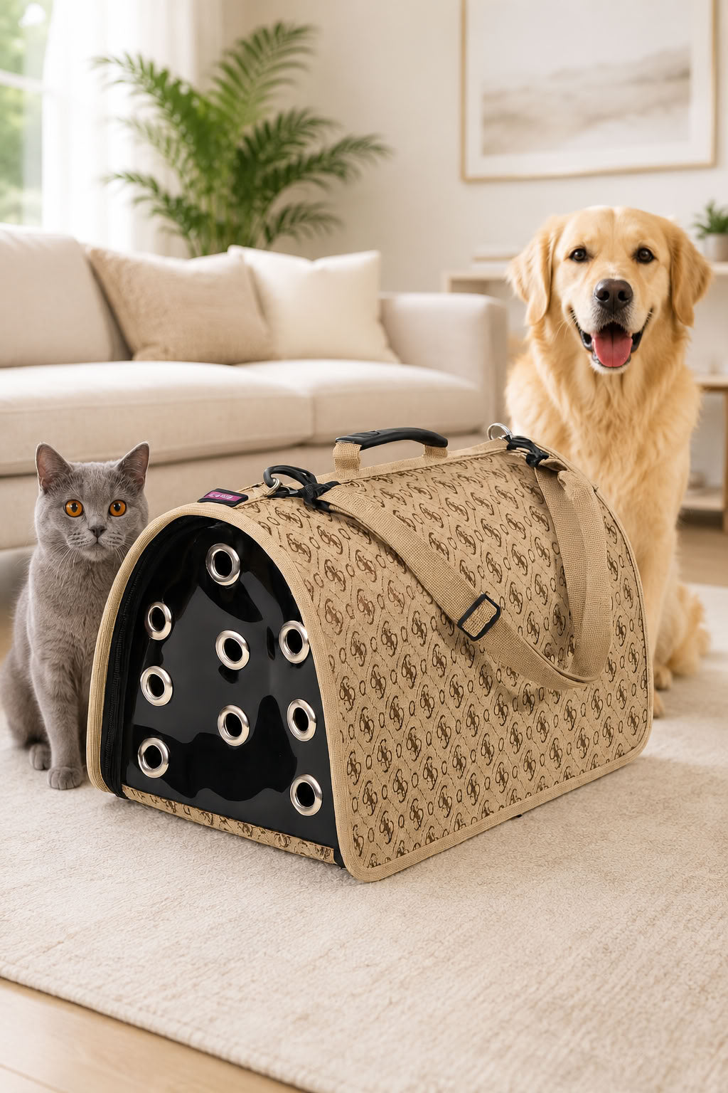 FLYBAG kapalı model kahverengi kedi ve küçük ırk köpek taşıma çantası 44x28x28 cm, şeffaf ön panelli, havalandırma delikli, elde ve omuzda taşınabilir evcil hayvan taşıma çantası