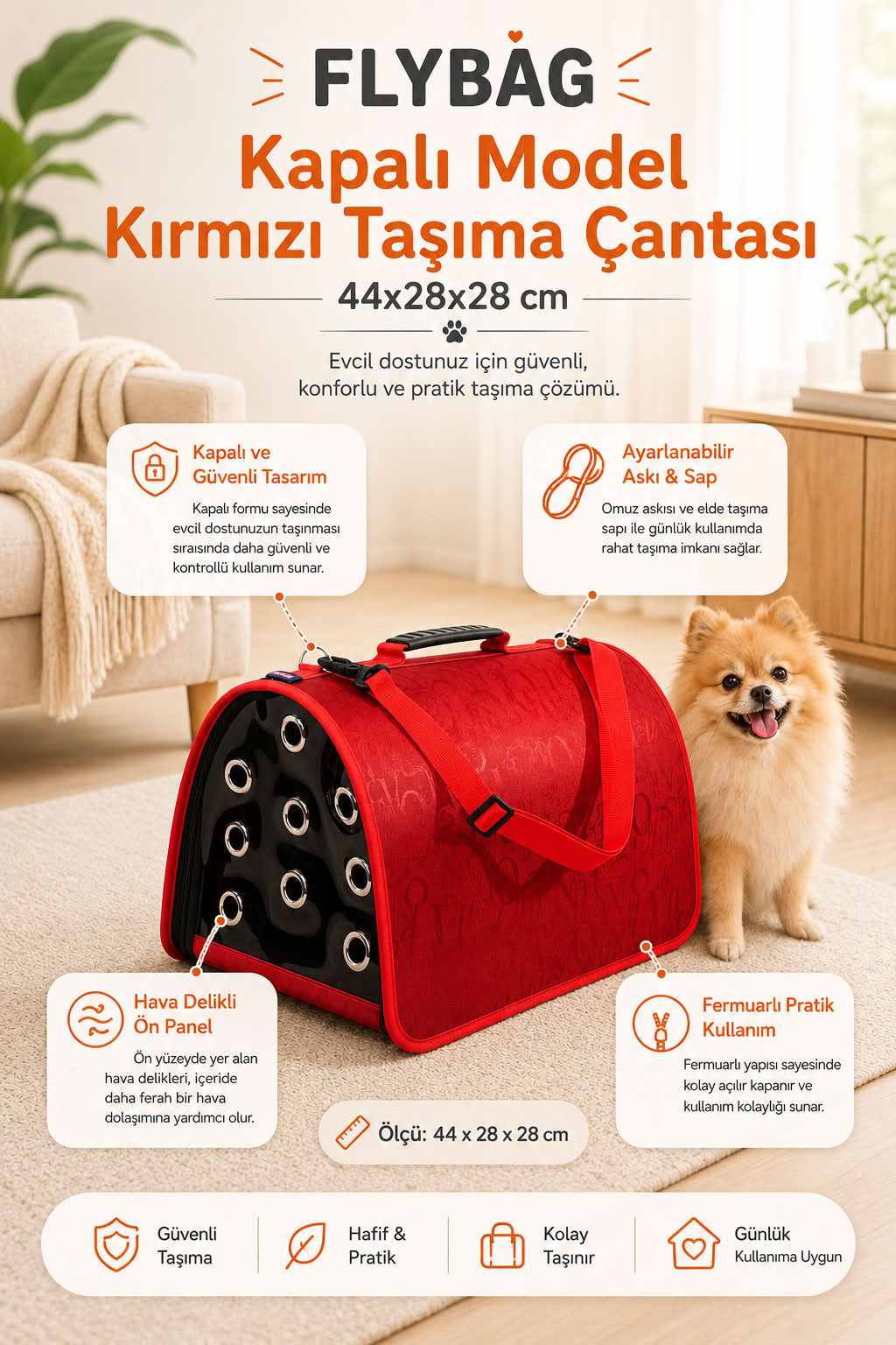FLYBAG kapalı model kırmızı kedi ve küçük ırk köpek taşıma çantası 44x28x28 cm, hava delikli ön panelli, fermuarlı, ayarlanabilir askılı evcil hayvan taşıma çantası