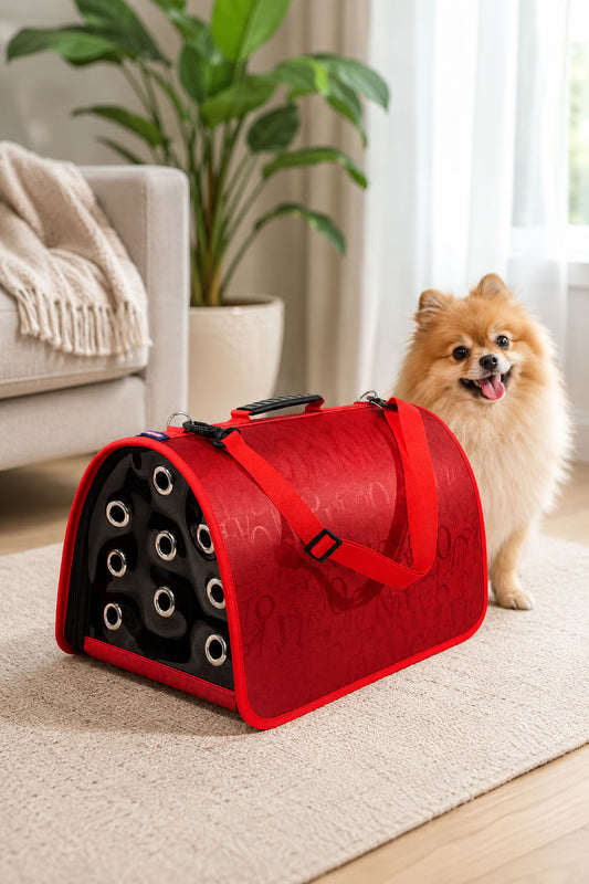 FLYBAG kapalı model kırmızı kedi ve küçük ırk köpek taşıma çantası 44x28x28 cm, hava delikli ön panelli, fermuarlı, ayarlanabilir askılı evcil hayvan taşıma çantası