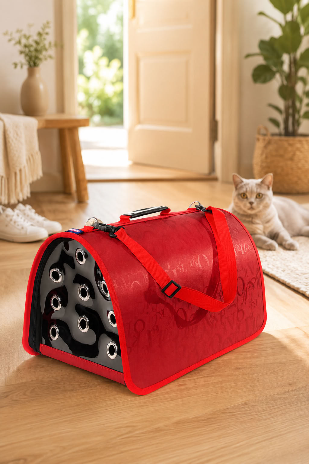 FLYBAG kapalı model kırmızı kedi ve küçük ırk köpek taşıma çantası 44x28x28 cm, hava delikli ön panelli, fermuarlı, ayarlanabilir askılı evcil hayvan taşıma çantası