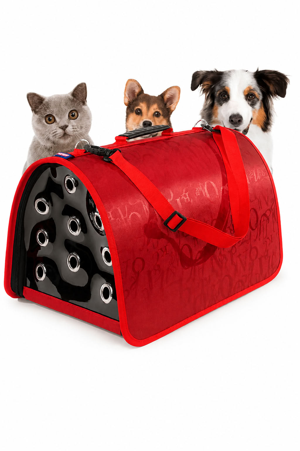 FLYBAG kapalı model kırmızı kedi ve küçük ırk köpek taşıma çantası 44x28x28 cm, hava delikli ön panelli, fermuarlı, ayarlanabilir askılı evcil hayvan taşıma çantası