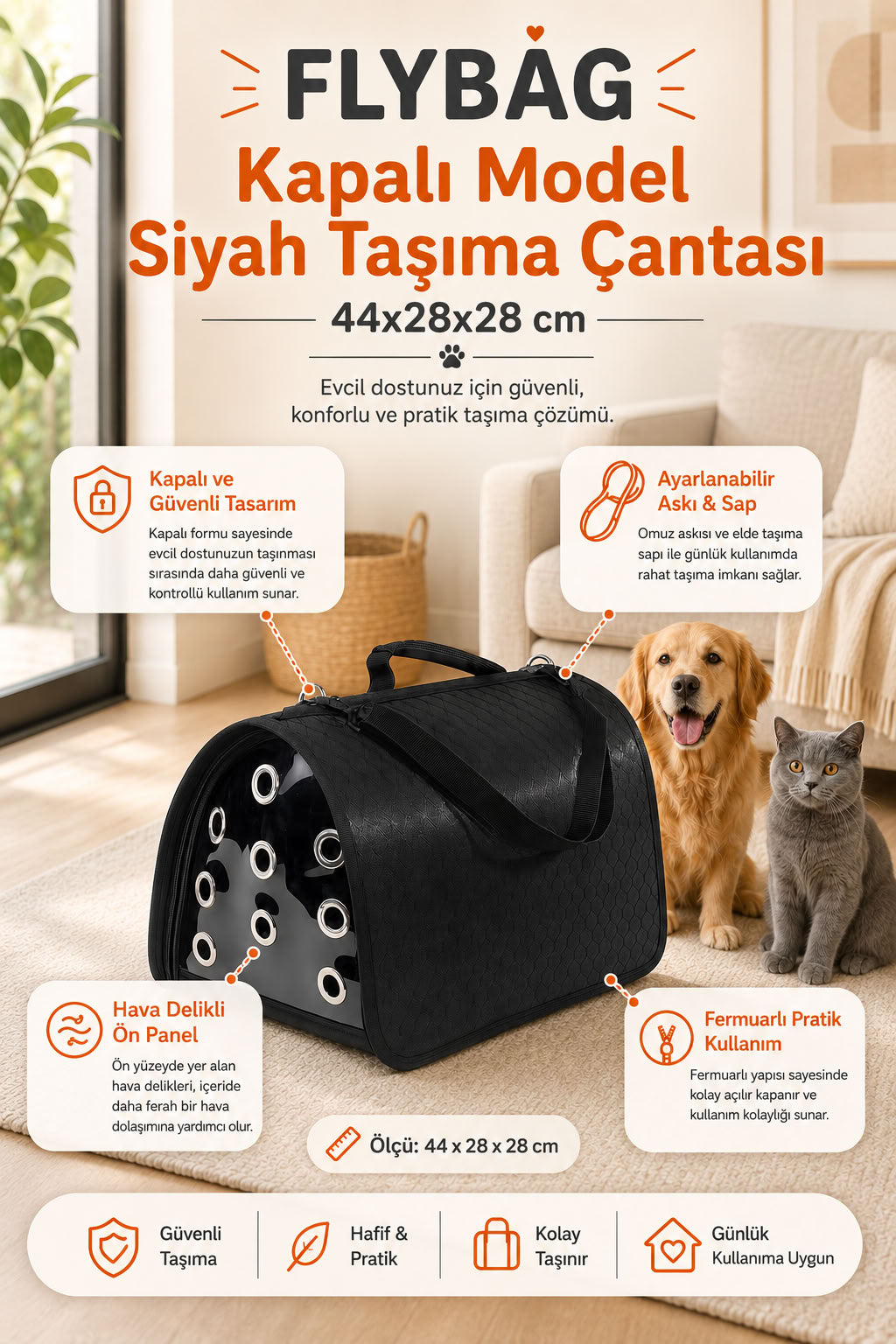 Flybag kapalı model siyah evcil hayvan taşıma çantası, 44x28x28 cm hava delikli kedi köpek taşıma çantası, güvenli seyahat çantası