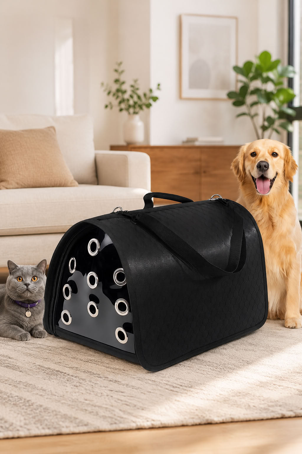 Flybag kapalı model siyah evcil hayvan taşıma çantası, 44x28x28 cm hava delikli kedi köpek taşıma çantası, güvenli seyahat çantası