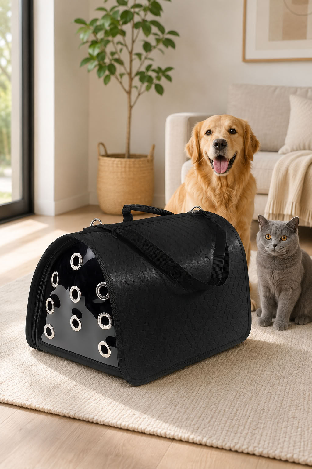 Flybag kapalı model siyah evcil hayvan taşıma çantası, 44x28x28 cm hava delikli kedi köpek taşıma çantası, güvenli seyahat çantası