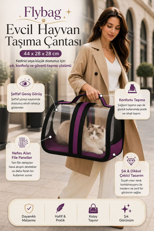 Flybag mor evcil hayvan taşıma çantası, 44x28x28 cm şeffaf panelli kedi taşıma çantası, siyah mor kedi seyahat çantası