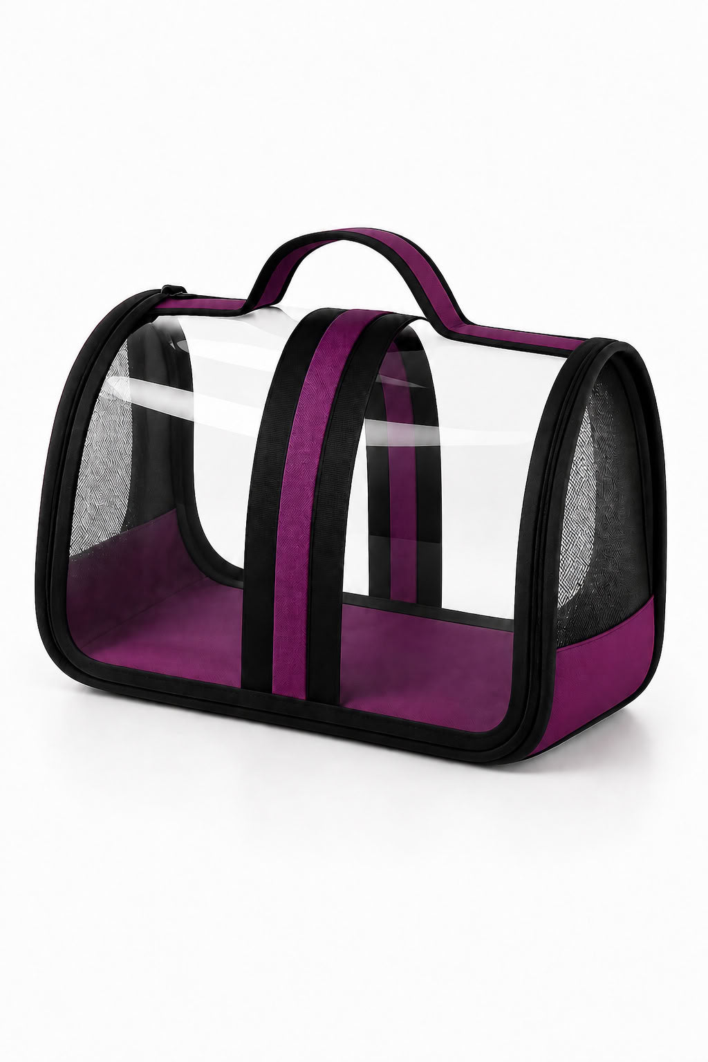 Flybag mor evcil hayvan taşıma çantası, 44x28x28 cm şeffaf panelli kedi taşıma çantası, siyah mor kedi seyahat çantası