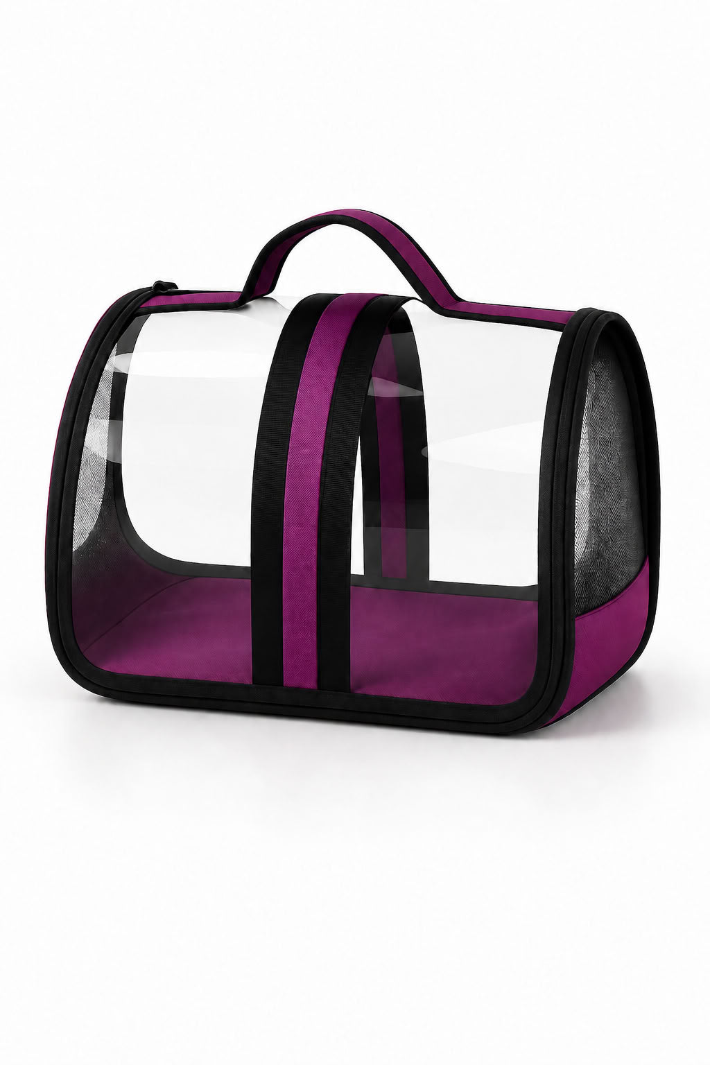 Flybag mor evcil hayvan taşıma çantası, 44x28x28 cm şeffaf panelli kedi taşıma çantası, siyah mor kedi seyahat çantası