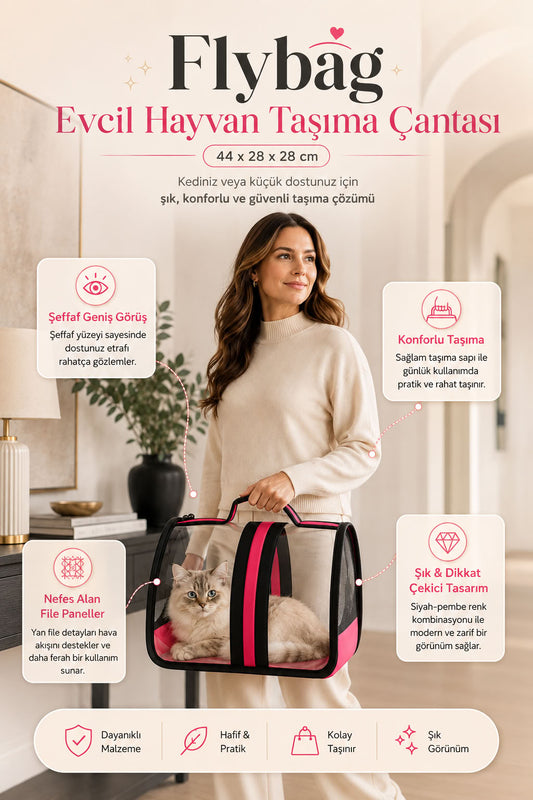 Flybag pembe evcil hayvan taşıma çantası, 44x28x28 cm şeffaf panelli kedi taşıma çantası, pembe siyah kedi seyahat çantası