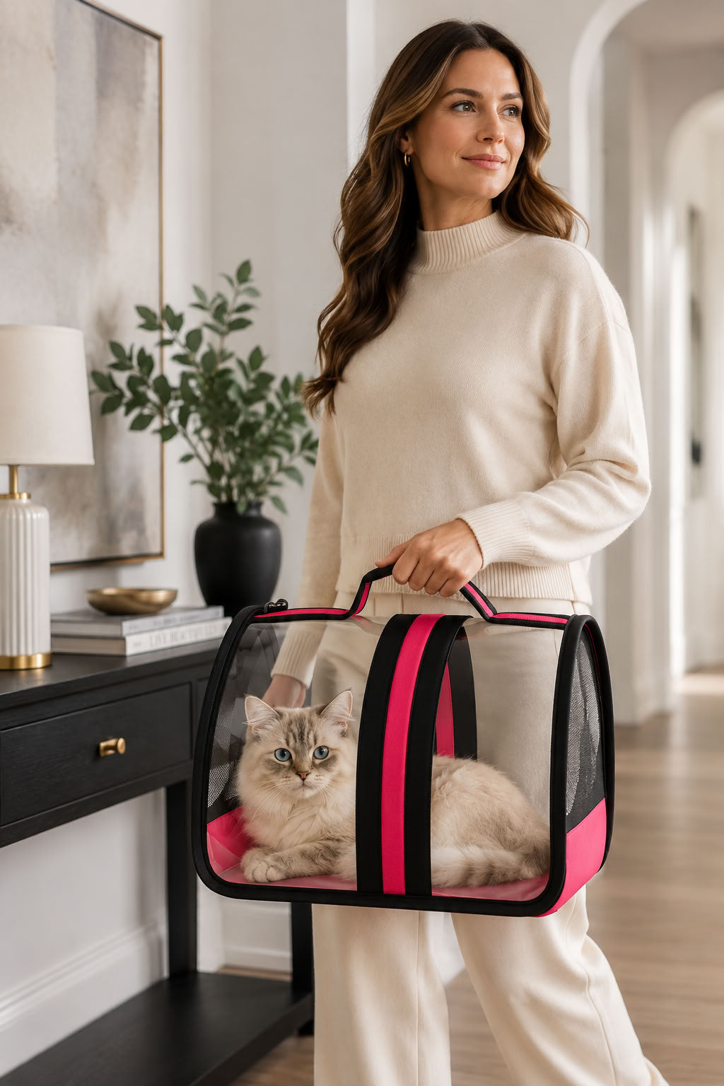 Flybag pembe evcil hayvan taşıma çantası, 44x28x28 cm şeffaf panelli kedi taşıma çantası, pembe siyah kedi seyahat çantası