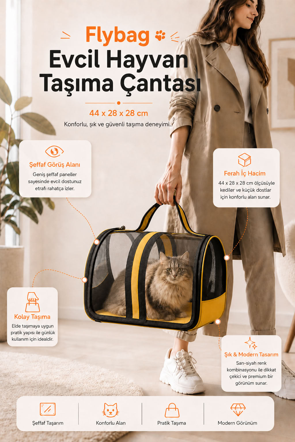 Flybag sarı evcil hayvan taşıma çantası, 44x28x28 cm şeffaf panelli kedi taşıma çantası, sarı siyah kedi seyahat çantası
