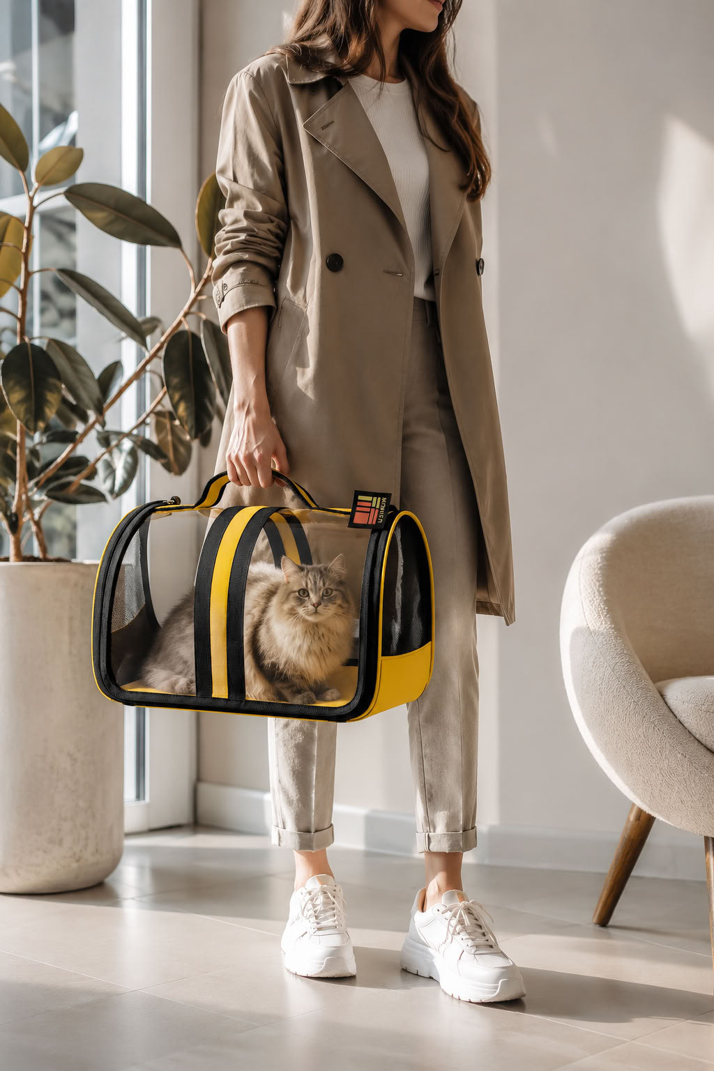 Flybag sarı evcil hayvan taşıma çantası, 44x28x28 cm şeffaf panelli kedi taşıma çantası, sarı siyah kedi seyahat çantası