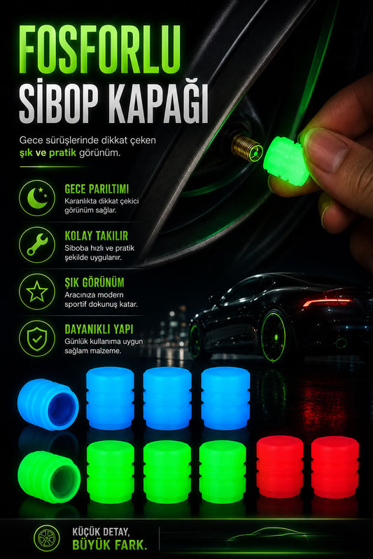 Fosforlu sibop kapağı, gece parlayan renkli araç lastik sibop koruyucu ve dekoratif oto aksesuar