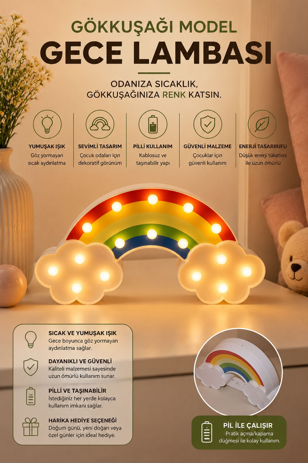 Gökkuşağı model pilli gece lambası, çocuk odası için yumuşak ışıklı, bulut detaylı dekoratif LED masa üstü lamba