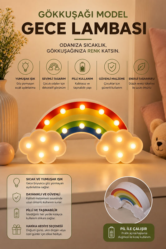 Gökkuşağı model pilli gece lambası, çocuk odası için yumuşak ışıklı, bulut detaylı dekoratif LED masa üstü lamba