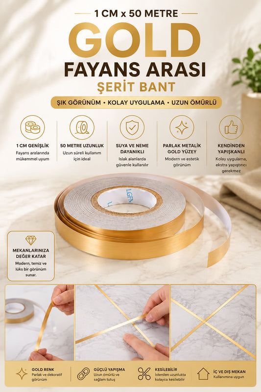 Gold fayans arası şerit bant 1 cm x 50 metre, kendinden yapışkanlı, suya neme dayanıklı metalik dekoratif derz bandı