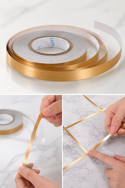 Gold fayans arası şerit bant 1 cm x 50 metre, kendinden yapışkanlı, suya neme dayanıklı metalik dekoratif derz bandı