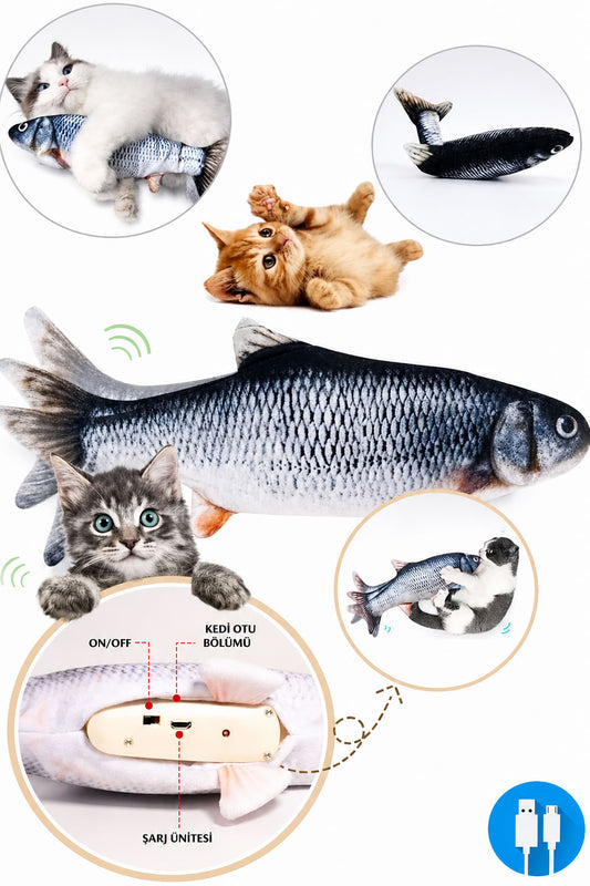 Hareketli balık model kedi oyuncağı, USB şarjlı, kedi otu bölmeli, yumuşak peluş dokulu, kedilerin patileme ve yakalama oyunlarını destekleyen interaktif oyuncak