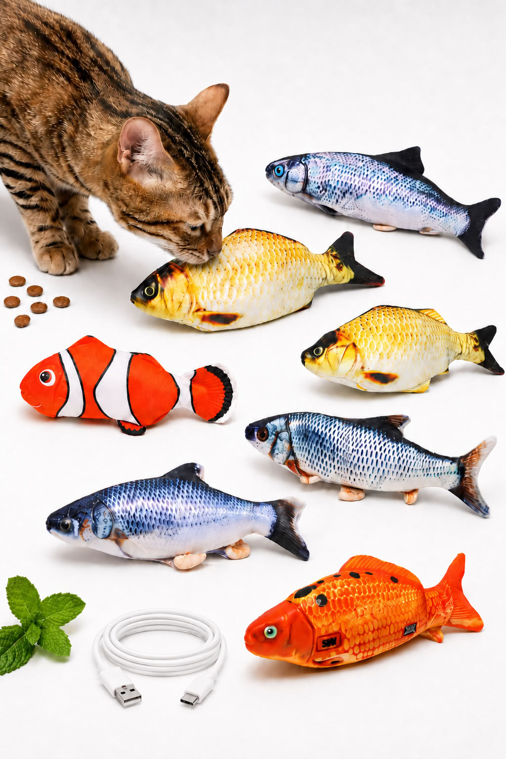 Hareketli balık model kedi oyuncağı, USB şarjlı, kedi otu bölmeli, yumuşak peluş dokulu, kedilerin patileme ve yakalama oyunlarını destekleyen interaktif oyuncak