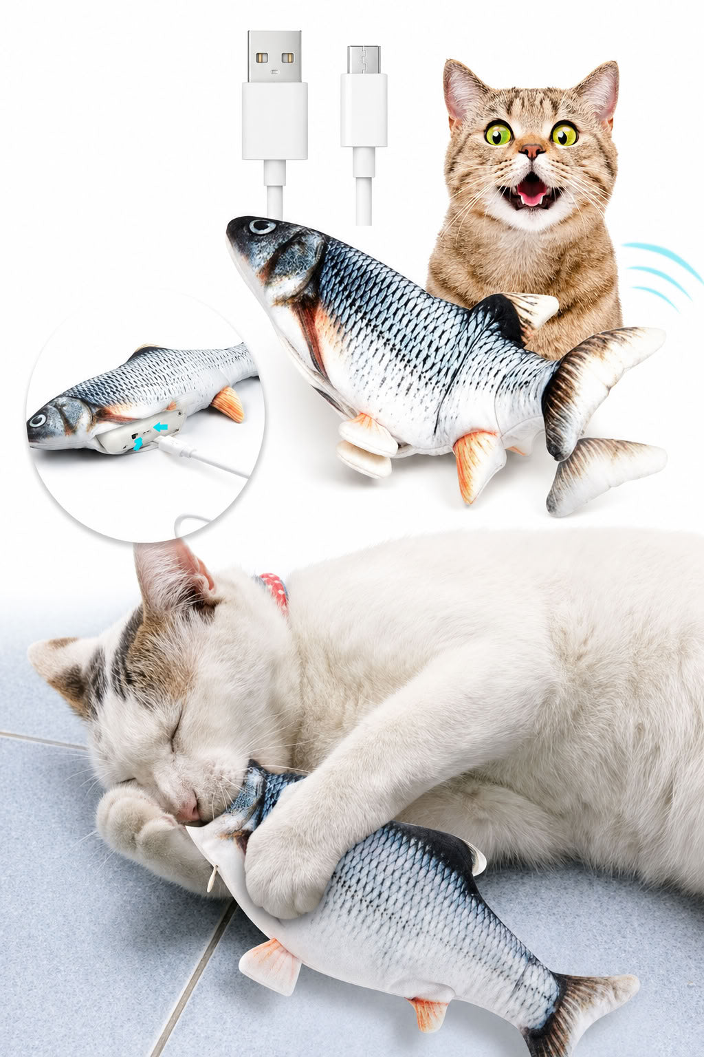 Hareketli balık model kedi oyuncağı, USB şarjlı, kedi otu bölmeli, yumuşak peluş dokulu, kedilerin patileme ve yakalama oyunlarını destekleyen interaktif oyuncak