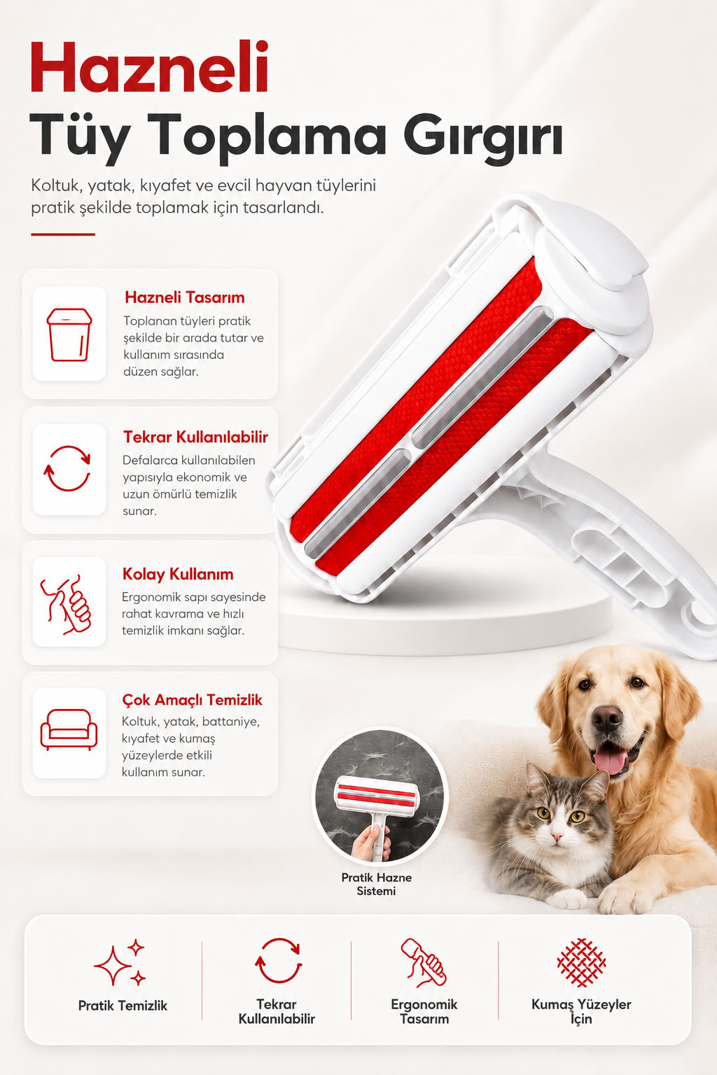 Hazneli tüy toplama gırgırı, kedi ve köpek tüylerini koltuk, yatak, kıyafet, battaniye ve kumaş yüzeylerden toplamaya yardımcı tekrar kullanılabilir tüy temizleyici