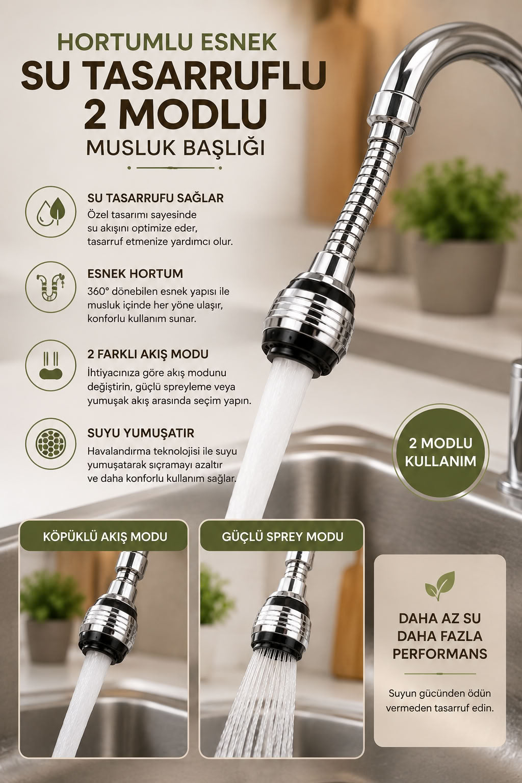 Hortumlu esnek su tasarruflu 2 modlu musluk başlığı, 360 derece döner mutfak batarya ucu ve sprey perlatör aparatı