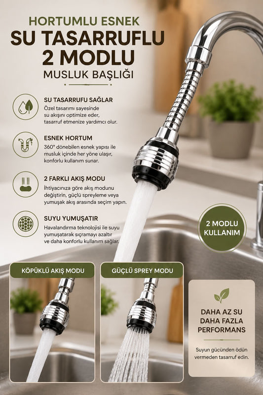 Hortumlu esnek su tasarruflu 2 modlu musluk başlığı, 360 derece döner mutfak batarya ucu ve sprey perlatör aparatı