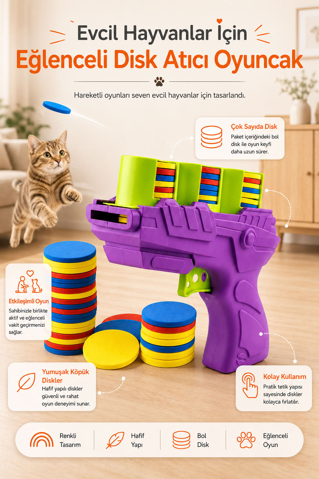 Interaktif Disk Atıcı Kedi Köpek Oyuncağı Renkli Köpük Diskli Evcil Hayvan Oyuncağı Eğlenceli Kedi Oyuncağı Köpek Oyuncağı