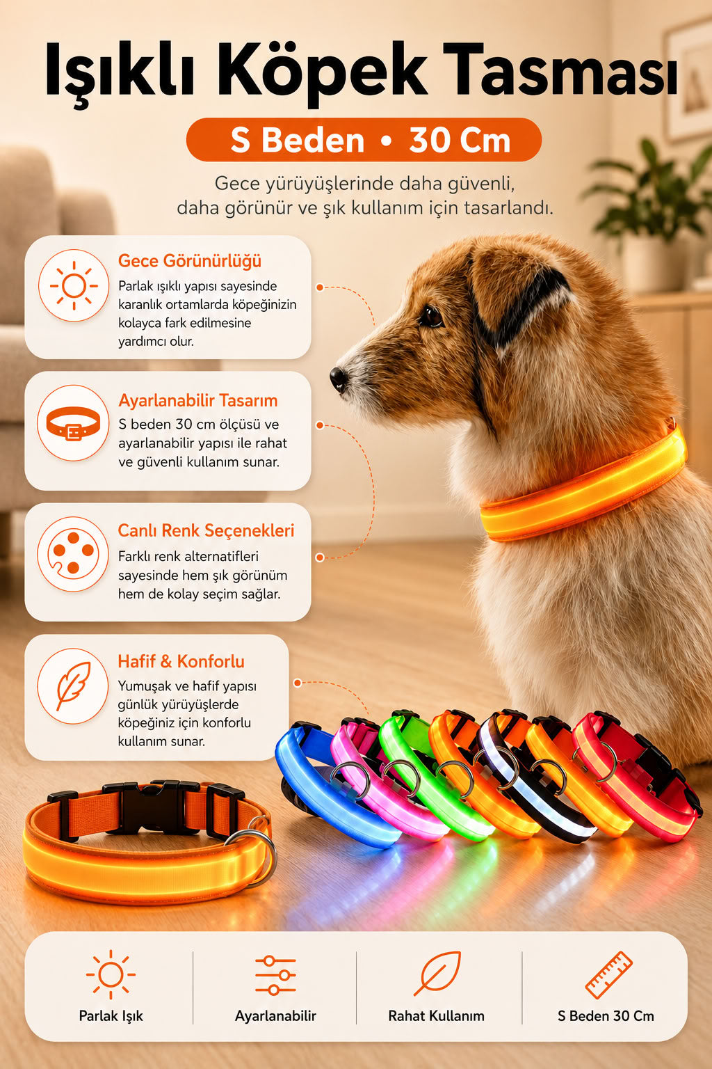 Işıklı kedi köpek boyun tasması, renkli pilli small 30 cm ayarlanabilir gece görünür hafif kedi ve köpek tasması