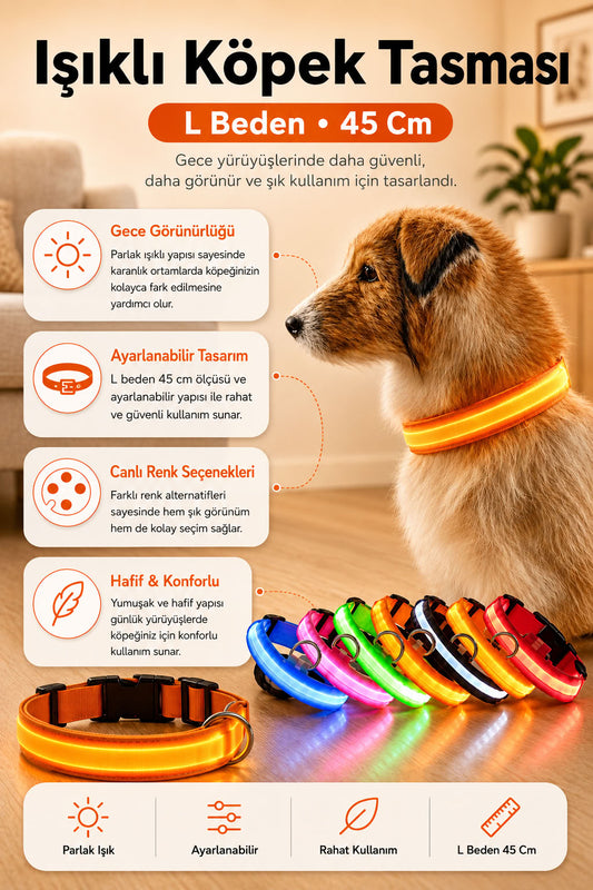 Işıklı köpek tasması L beden 45 cm renkli pilli ayarlanabilir gece görünür köpek boyun tasması