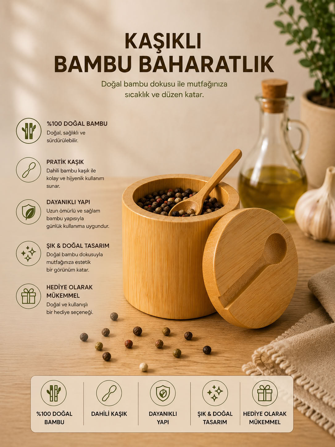 Kaşıklı bambu baharatlık, doğal bambu kapaklı baharat kabı, dahili kaşıklı şık mutfak baharat organizeri