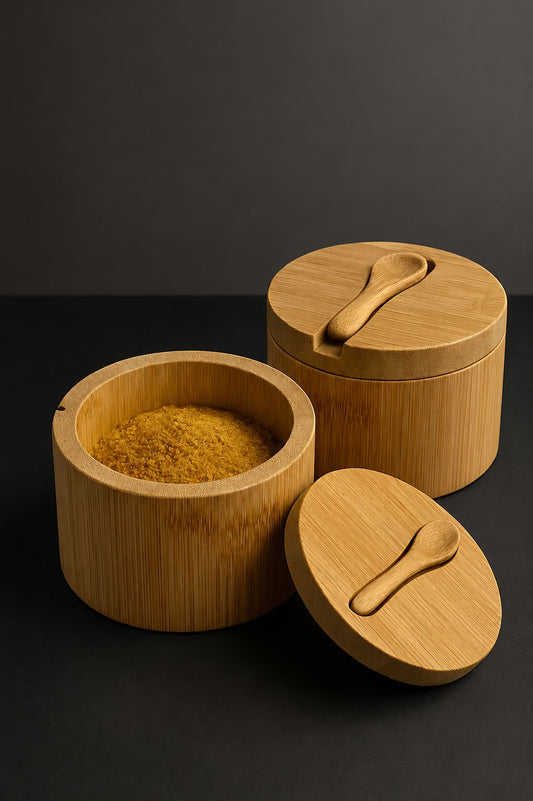 Kaşıklı bambu baharatlık, doğal bambu kapaklı baharat kabı, dahili kaşıklı şık mutfak baharat organizeri
