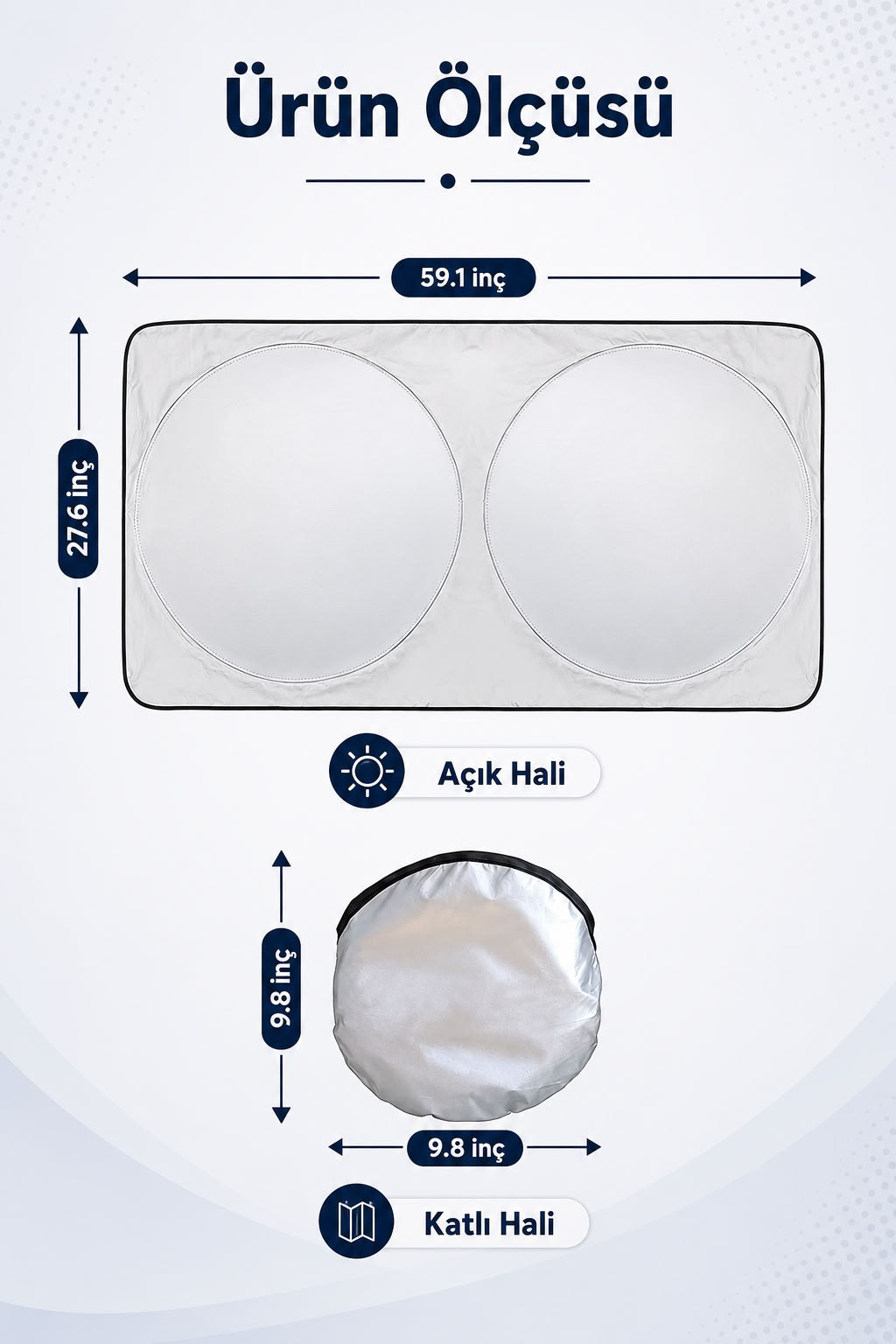 Katlanabilir araç ön cam güneşliği 150x70 cm, yansıtıcı gümüş yüzeyli oto cam güneşlik ve pratik araba güneşliği