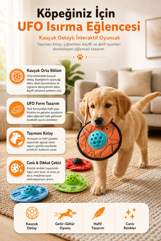 Kauçuk detaylı UFO model köpek ısırma oyuncağı, hafif disk formlu, getir götür oyunlarına uygun, diş kaşıma ve çiğneme davranışını destekleyen köpek oyuncağı