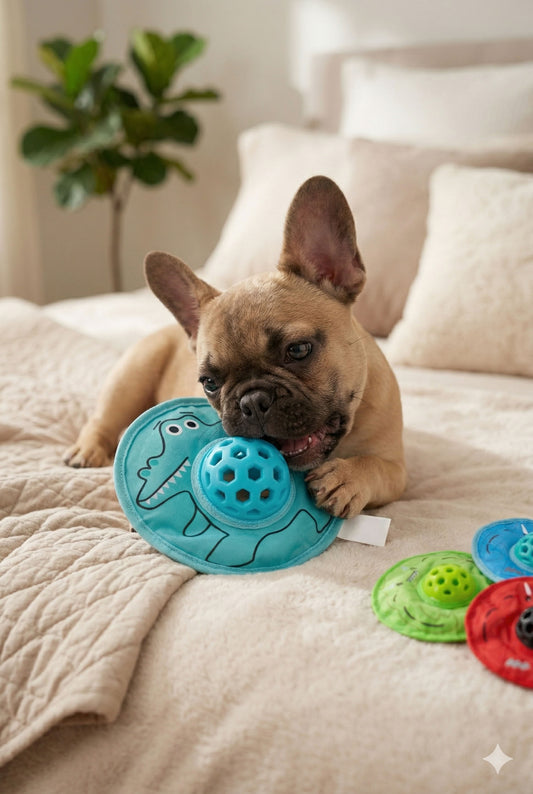 Kauçuk detaylı UFO model köpek ısırma oyuncağı, hafif disk formlu, getir götür oyunlarına uygun, diş kaşıma ve çiğneme davranışını destekleyen köpek oyuncağı