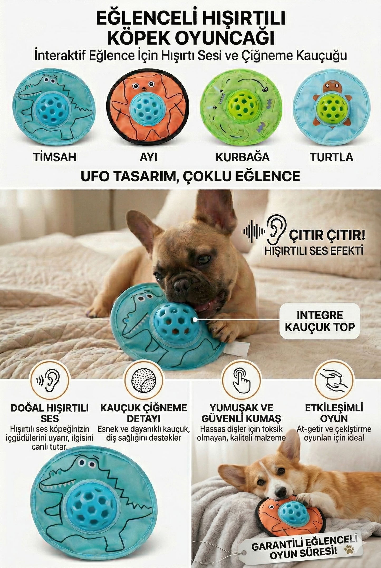 Kauçuk detaylı UFO model köpek ısırma oyuncağı, hafif disk formlu, getir götür oyunlarına uygun, diş kaşıma ve çiğneme davranışını destekleyen köpek oyuncağı