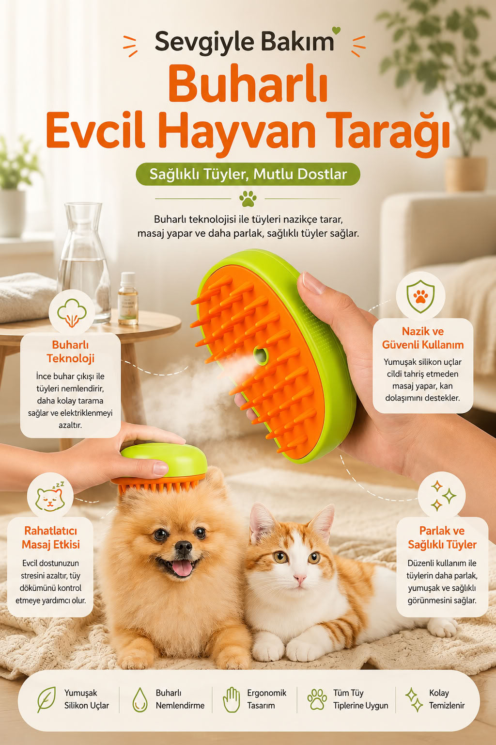 Kedi köpek buharlı evcil hayvan tüy toplama tarağı, silikon uçlu buharlı fırça, masaj etkili kedi tarağı ve köpek tarağı