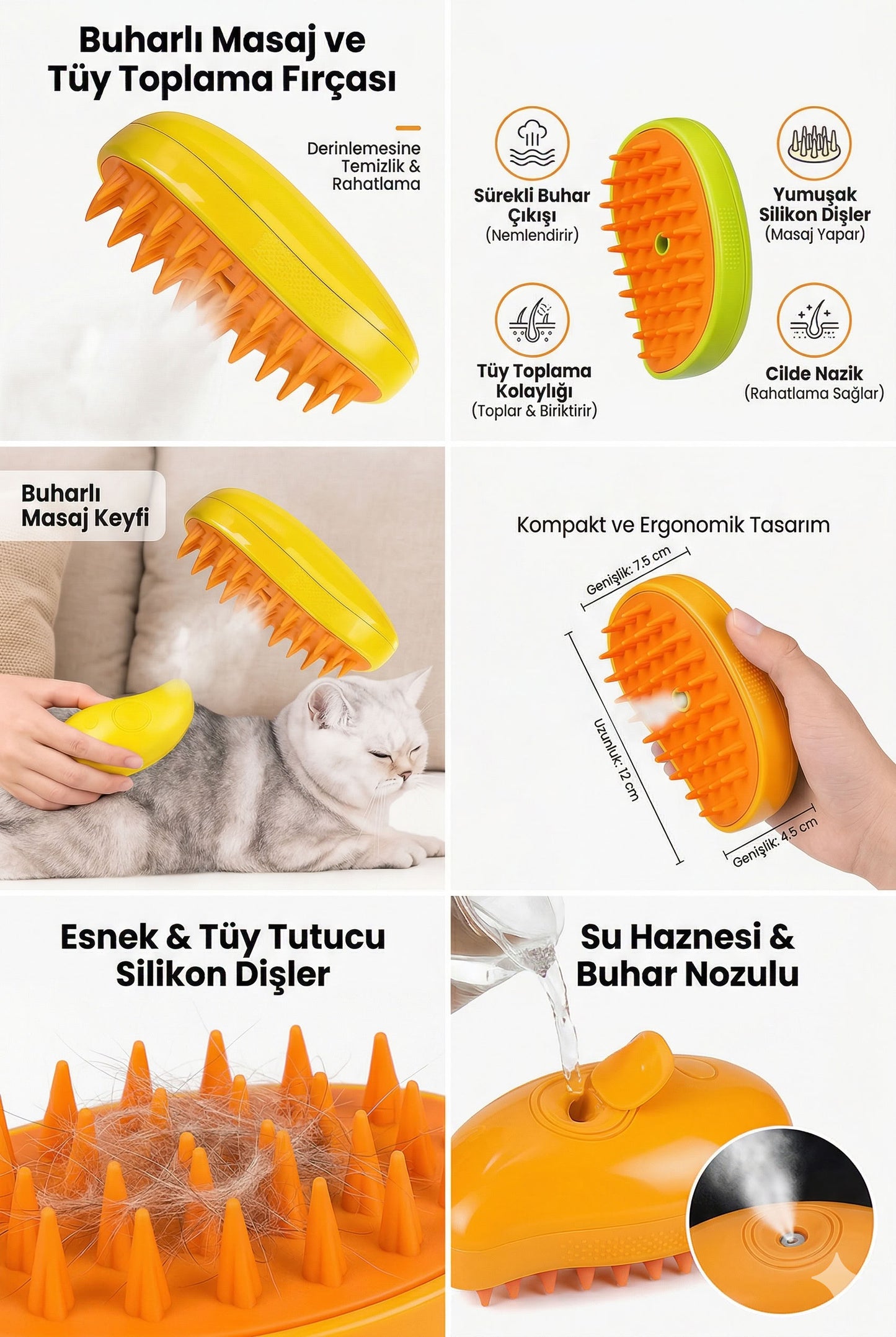Kedi köpek buharlı evcil hayvan tüy toplama tarağı, silikon uçlu buharlı fırça, masaj etkili kedi tarağı ve köpek tarağı