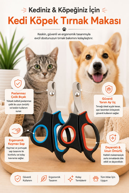 Paslanmaz çelik bıçaklı, ergonomik kaymaz saplı kedi köpek tırnak makası, evcil hayvan tırnak bakımı için güvenli kullanım sunan bakım aparatı