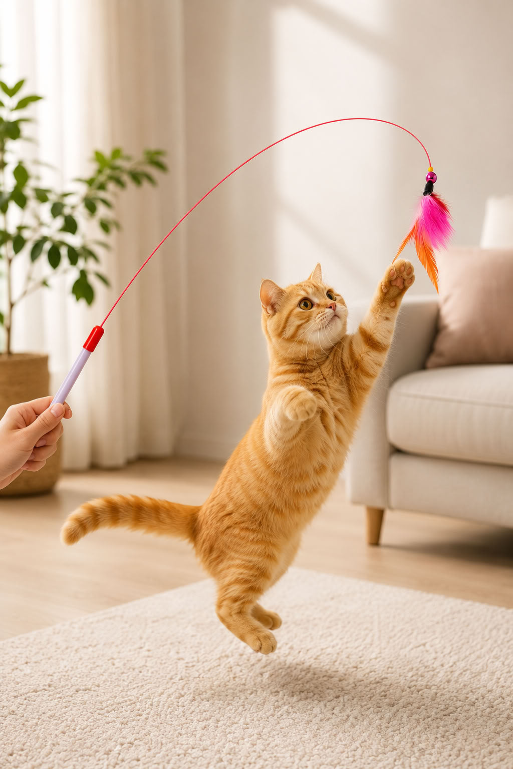 Doğal tüy uçlu zilli kedi oltası oyuncağı, interaktif boyun oltası tasarımıyla kedilerde takip, avlanma ve aktif oyun davranışını destekleyen tüylü kedi oyuncağı