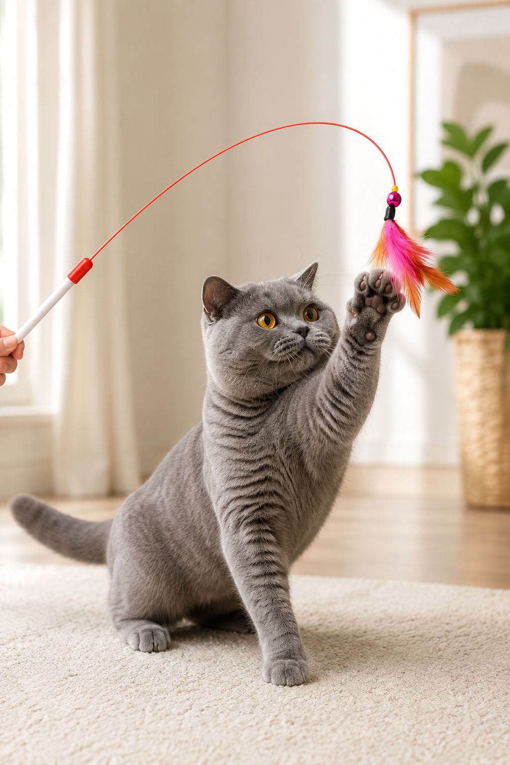 Doğal tüy uçlu zilli kedi oltası oyuncağı, interaktif boyun oltası tasarımıyla kedilerde takip, avlanma ve aktif oyun davranışını destekleyen tüylü kedi oyuncağı