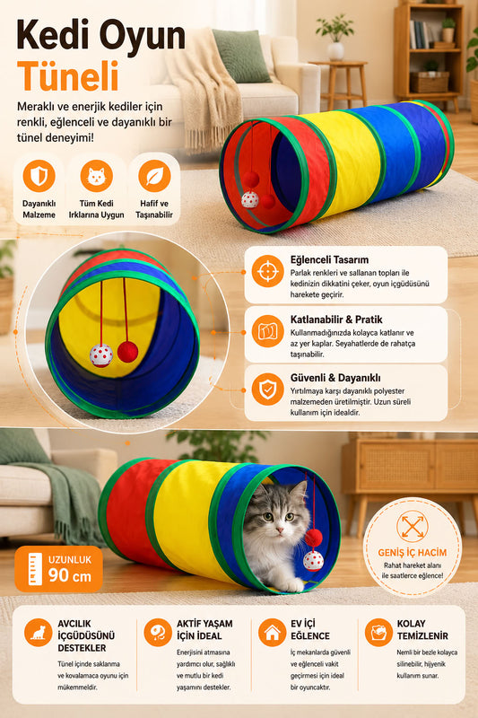 90 cm renkli katlanabilir kedi oyun tüneli, asılı toplu oyuncak tünel, geniş iç hacimli kedi oyuncağı ve ev içi oyun alanı